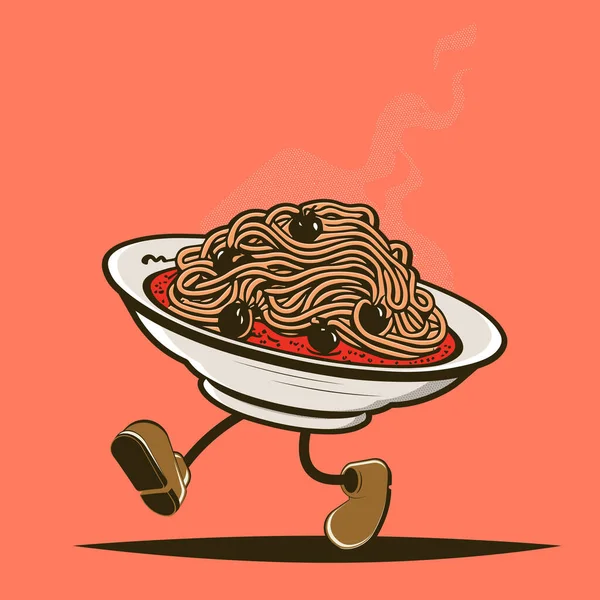 Lustige Retro Cartoon Illustration Von Spazierenden Spaghetti — Stockvektor