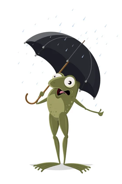 Funny Cartoon Frog Umbrella Standing Rain — Stock Vector