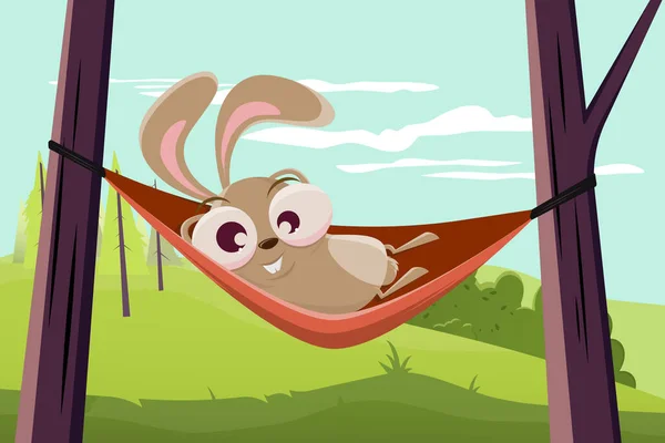 Funny Cartoon Rabbit Relaxing Hammock — Stock Vector