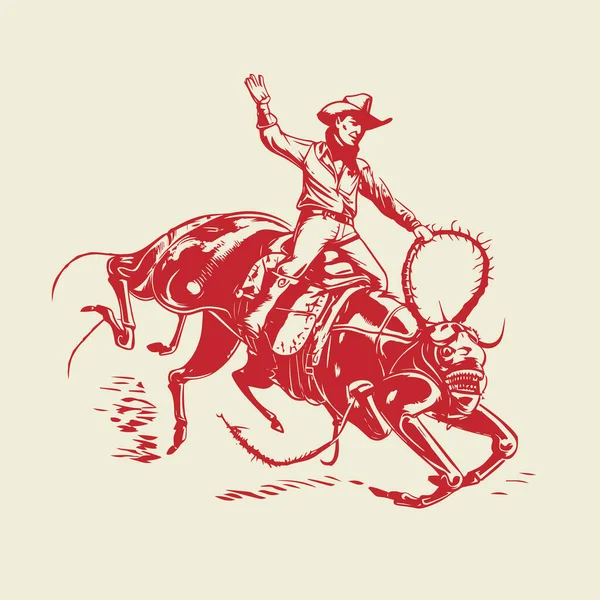 Illustration Dessin Animé Vintage Cow Boy Chevauchant Insecte Alien — Image vectorielle