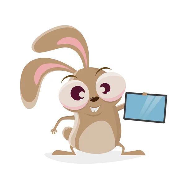 Funny Cartoon Rabbit Holding Tablet — Stock Vector
