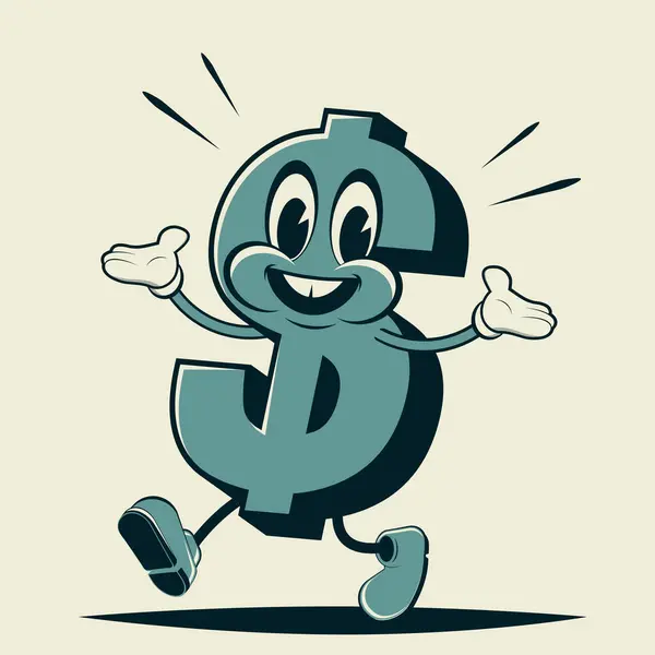 Divertida Ilustración Dibujos Animados Retro Signo Dólar Caminando Ilustración de stock