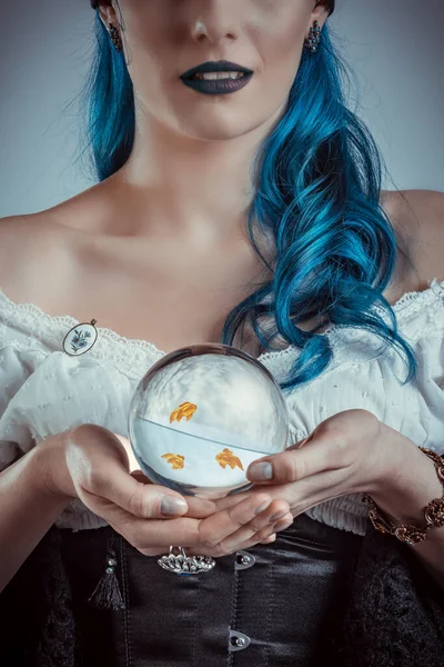 Woman Holing Glass Globe Filled Stylised Goldfish — Stock Photo, Image