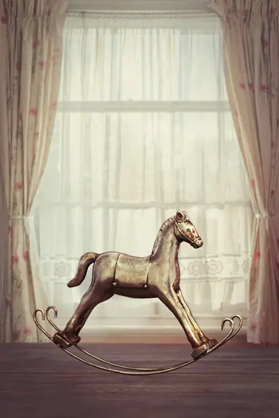 Rocking Horse Toy Window Lace Curtains — Stock Photo, Image