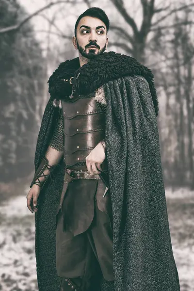 Man Medieval Hand Made Leather Costume Wearing Robe Stock Photo