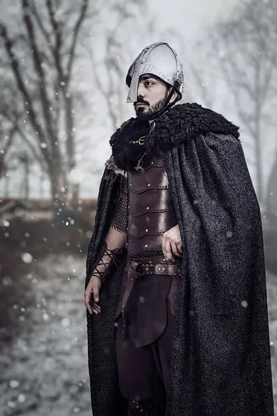 Man Medieval Hand Made Leather Costume Wearing Helmet Royalty Free Stock Images