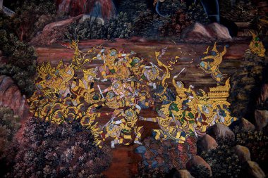 Sanat duvarında Ramayana resmi, Bangkok, Tayland 'daki Büyük Saray' daki Ramayana hikayesi veya Zümrüt Buddha Tapınağı..