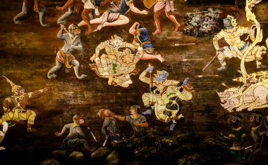 Sanat duvarında Ramayana resmi, Bangkok, Tayland 'daki Büyük Saray' daki Ramayana hikayesi veya Zümrüt Buddha Tapınağı..