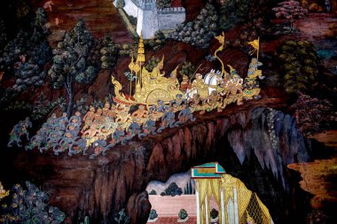 Sanat duvarında Ramayana resmi, Bangkok, Tayland 'daki Büyük Saray' daki Ramayana hikayesi veya Zümrüt Buddha Tapınağı..