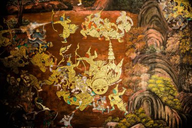 Sanat duvarında Ramayana resmi, Bangkok, Tayland 'daki Büyük Saray' daki Ramayana hikayesi veya Zümrüt Buddha Tapınağı..