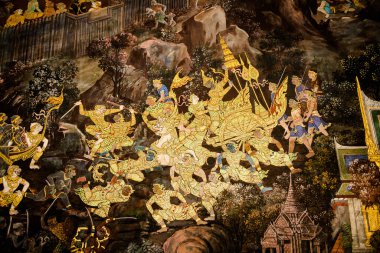 Sanat duvarında Ramayana resmi, Bangkok, Tayland 'daki Büyük Saray' daki Ramayana hikayesi veya Zümrüt Buddha Tapınağı..