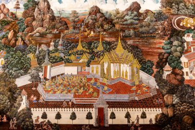 Sanat duvarında Ramayana resmi, Bangkok, Tayland 'daki Büyük Saray' daki Ramayana hikayesi veya Zümrüt Buddha Tapınağı..
