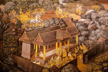 Sanat duvarında Ramayana resmi, Bangkok, Tayland 'daki Büyük Saray' daki Ramayana hikayesi veya Zümrüt Buddha Tapınağı..