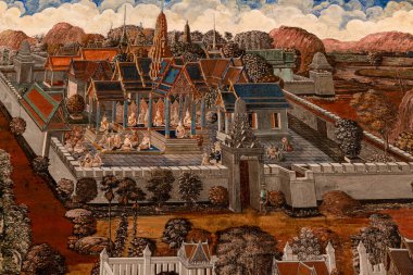 Sanat duvarında Ramayana resmi, Bangkok, Tayland 'daki Büyük Saray' daki Ramayana hikayesi veya Zümrüt Buddha Tapınağı..