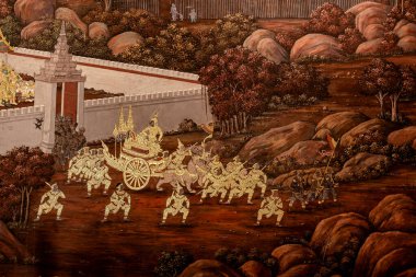Sanat duvarında Ramayana resmi, Bangkok, Tayland 'daki Büyük Saray' daki Ramayana hikayesi veya Zümrüt Buddha Tapınağı..