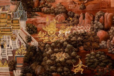 Sanat duvarında Ramayana resmi, Bangkok, Tayland 'daki Büyük Saray' daki Ramayana hikayesi veya Zümrüt Buddha Tapınağı..