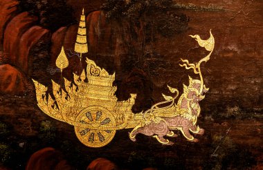 Sanat duvarında Ramayana resmi, Bangkok, Tayland 'daki Büyük Saray' daki Ramayana hikayesi veya Zümrüt Buddha Tapınağı..