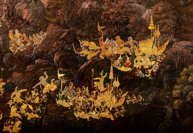 Sanat duvarında Ramayana resmi, Bangkok, Tayland 'daki Büyük Saray' daki Ramayana hikayesi veya Zümrüt Buddha Tapınağı..