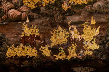 Sanat duvarında Ramayana resmi, Bangkok, Tayland 'daki Büyük Saray' daki Ramayana hikayesi veya Zümrüt Buddha Tapınağı..