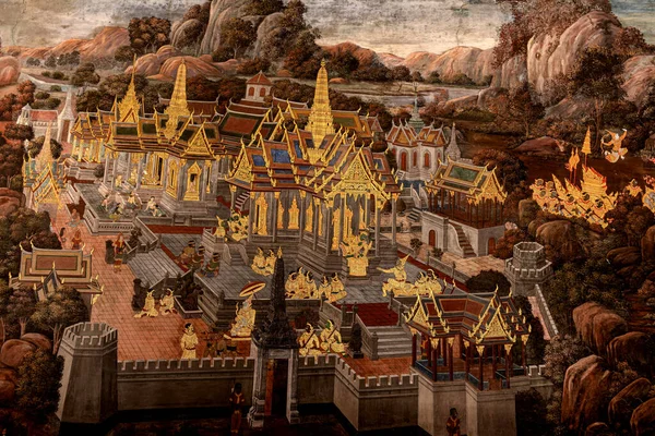 Sanat duvarında Ramayana resmi, Bangkok, Tayland 'daki Büyük Saray' daki Ramayana hikayesi veya Zümrüt Buddha Tapınağı..