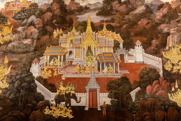 Ramayana Painting on art wall, the myth of Ramayana story at the Grand Palace of Bangkok, Thailand or the Emerald Buddha Temple.