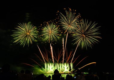 Gece karanlığında izole edilmiş bulanık kavramların altında havai fişek gösterisi, Tayland 'da 24-25 Kasım' da Pattaya 'da yapılacak Uluslararası Havai fişek Festivali için.
