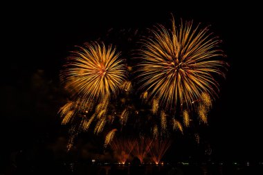 Gece karanlığında izole edilmiş bulanık kavramların altında havai fişek gösterisi, Tayland 'da 24-25 Kasım' da Pattaya 'da yapılacak Uluslararası Havai fişek Festivali için.