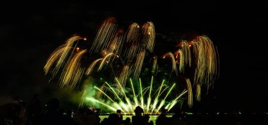 Gece karanlığında izole edilmiş bulanık kavramların altında havai fişek gösterisi, Tayland 'da 24-25 Kasım' da Pattaya 'da yapılacak Uluslararası Havai fişek Festivali için.