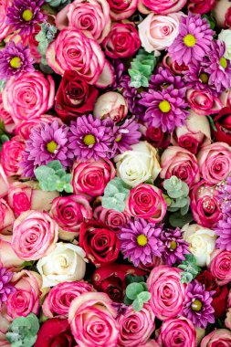 Arka plan dokusu olarak farklı renk stillerinde güzel çiçekler, seçici odak