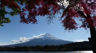 Tokyo, Japonya 'daki Kawaguchiko boyunca uzanan Fuji Dağı' nın zaman çizelgesi..