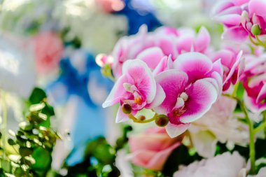 Güzel çiçek süslemeleri, çiçek arka planı, düğün dekorasyonu, gül deseni, renkli arka plan, bir demet çiçek.