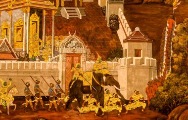 Sanat duvarında Ramayana resmi, Bangkok, Tayland ya da Zümrüt Buda Tapınağı 'ndaki Ramayana hikayesinin efsanesi, tanımlanamayan sanatçılar tarafından resmedildi ya da çizildi..