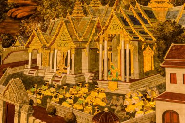 Sanat duvarında Ramayana resmi, Bangkok, Tayland ya da Zümrüt Buda Tapınağı 'ndaki Ramayana hikayesinin efsanesi, tanımlanamayan sanatçılar tarafından resmedildi ya da çizildi..