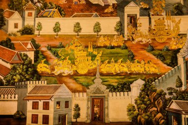 Sanat duvarında Ramayana resmi, Bangkok, Tayland ya da Zümrüt Buda Tapınağı 'ndaki Ramayana hikayesinin efsanesi, tanımlanamayan sanatçılar tarafından resmedildi ya da çizildi..