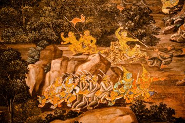 Sanat duvarında Ramayana resmi, Bangkok, Tayland ya da Zümrüt Buda Tapınağı 'ndaki Ramayana hikayesinin efsanesi, tanımlanamayan sanatçılar tarafından resmedildi ya da çizildi..