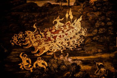 Sanat duvarında Ramayana resmi, Bangkok, Tayland ya da Zümrüt Buda Tapınağı 'ndaki Ramayana hikayesinin efsanesi, tanımlanamayan sanatçılar tarafından resmedildi ya da çizildi..