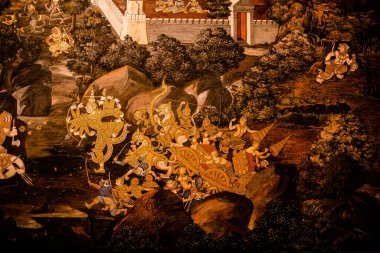 Sanat duvarında Ramayana resmi, Bangkok, Tayland ya da Zümrüt Buda Tapınağı 'ndaki Ramayana hikayesinin efsanesi, tanımlanamayan sanatçılar tarafından resmedildi ya da çizildi..