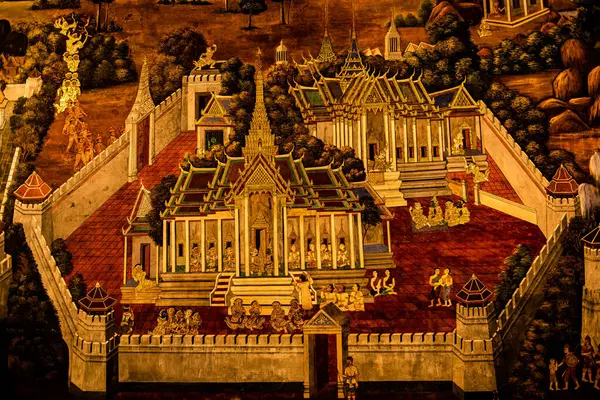 Sanat duvarında Ramayana resmi, Bangkok, Tayland ya da Zümrüt Buda Tapınağı 'ndaki Ramayana hikayesinin efsanesi, tanımlanamayan sanatçılar tarafından resmedildi ya da çizildi..