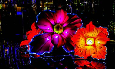 Geceleri Bangkok, Tayland 'daki Icon Siyam' da Asya 'nın en iyi alışveriş merkezinin olduğu bölgede fener ışığı gösterimi.