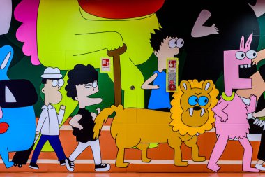 Komik çizgi film karakteri kalabalığı kusursuz desen seti. Krung Thep Aphiwat Merkez Terminal İstasyonu 'na giden yeraltı treni yolu boyunca. Bangkok, Tayland - 9 Ağustos 2025.