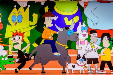 Komik çizgi film karakteri kalabalığı kusursuz desen seti. Krung Thep Aphiwat Merkez Terminal İstasyonu 'na giden yeraltı treni yolu boyunca. Bangkok, Tayland - 9 Ağustos 2025.