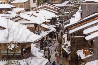 Kyoto, Japan - January 24 2023 : Ninen-zaka slope with snow in winter. Ninenzaka.