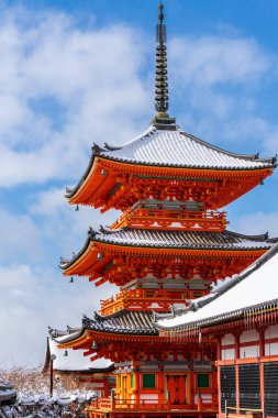 Kiyomizu-dera Temple Sanjunoto (Three Story Pagoda)  with snow on the roof in winter. Kyoto, Japan.