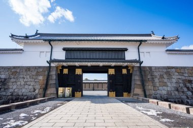 Nijo Castle Great Eastern Gate (Higashi-Ote-mon) with snow in winter. Kyoto, Japan.