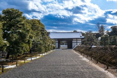 Nijo Castle Gate with snow on the roof in winter. Kyoto, Japan.