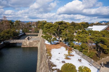 Nijo Castle Inner stone walls and moat with snow in winter. Kyoto, Japan.