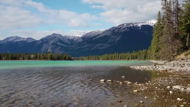 Lago Annette Praia Costa Lago Jasper National Park Deslumbrante Paisagem — Vídeo de Stock