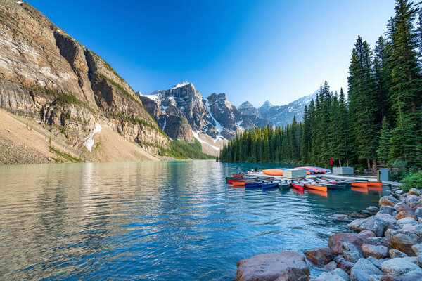 Banff National Park beautiful landscape. Moraine Lake in summer time. Alberta, Canada. Canadian Rockies nature scenery.