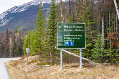 Alberta, Kanada - 11 Mayıs 2021: Maligne Bakış açısının göstergesi. Jasper Ulusal Parkı.