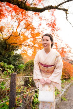 Japanese Female Kimono Portrait photography. Maple leaves turning red in the autumn season in Kyoto Philosopher's Path ( Tetsugaku No Michi ). Fall foliage in Japan.